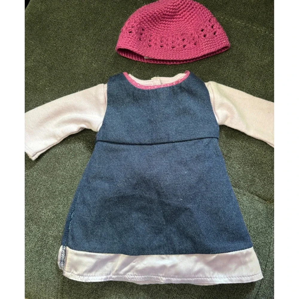 American Girl Doll Denim Jumper Dress Purple Shirt Pink Crochet Hat 3pc Outfit